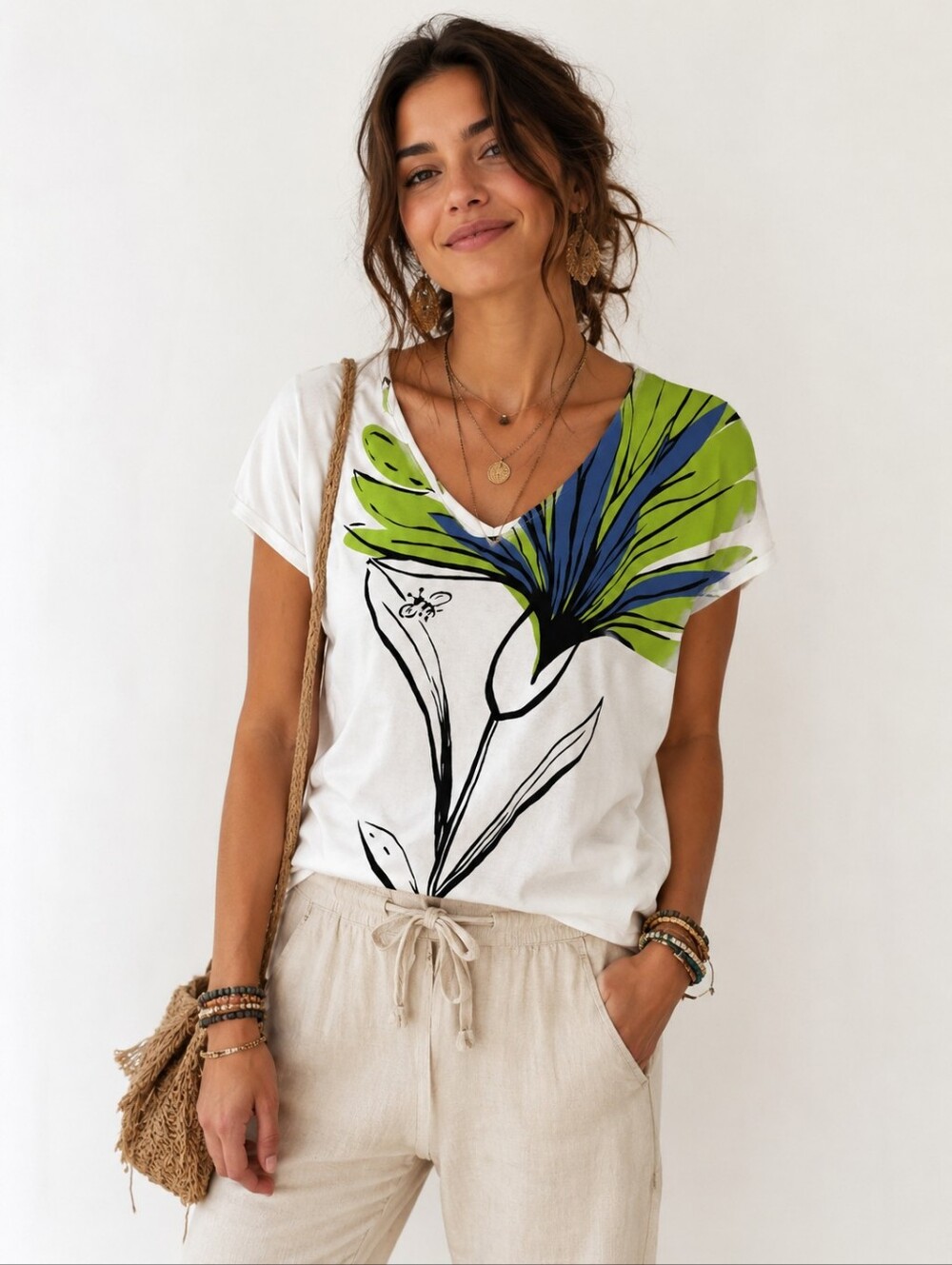 Company Collection White Tee With Modern Flower Cap Sleeve Size M